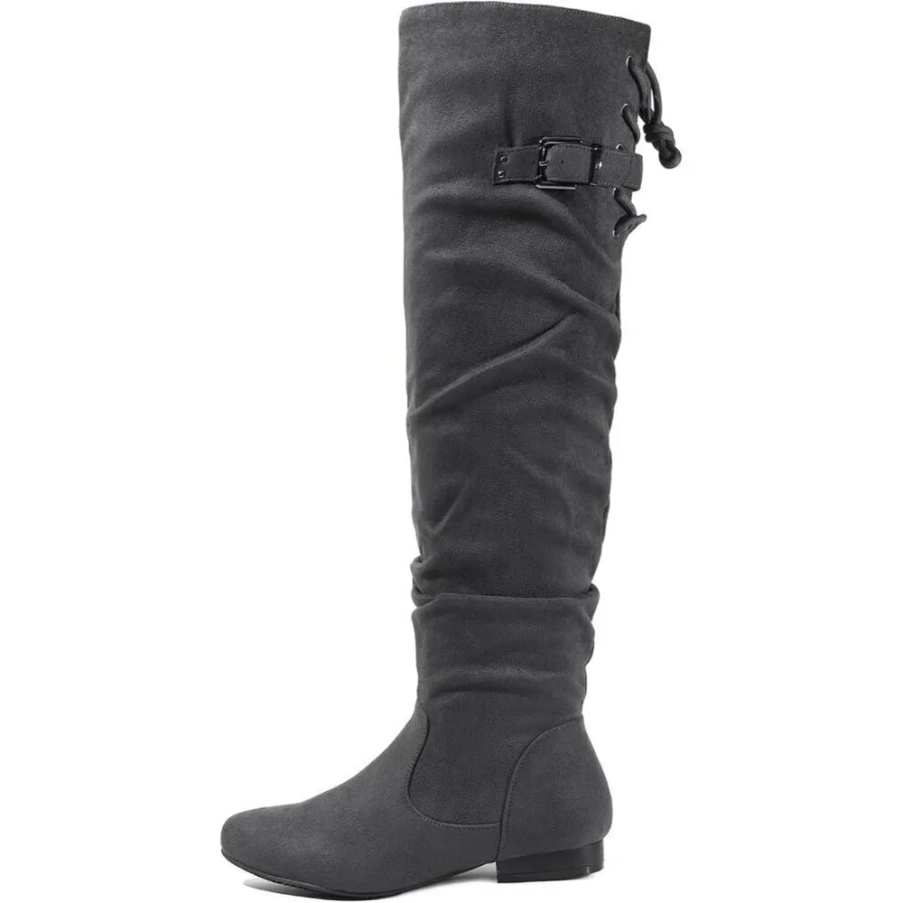 Women's Grey Suede Over The Knee Thigh High Comfortable Low Heel Winter Boots